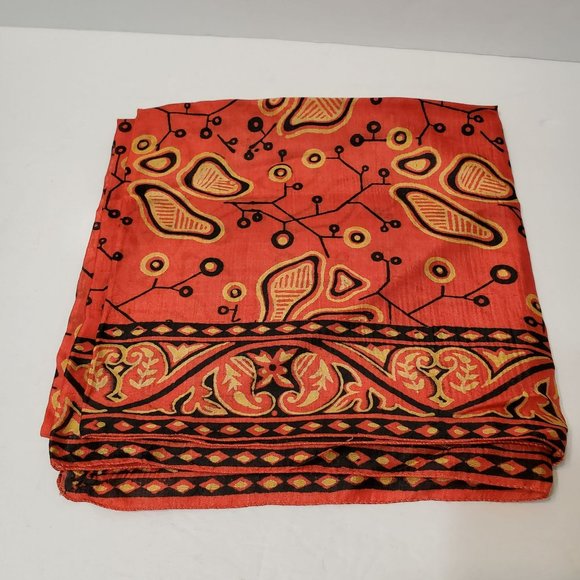 Vintage Silk Scarf, Indian Block Print Scarf, Hand Woven, India, Red Orange - Picture 2 of 5
